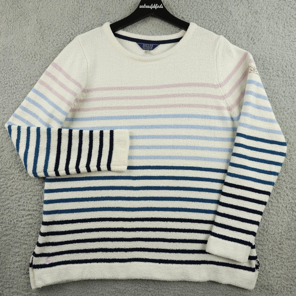Joules Sweater Womens 12 White Pink Blue Striped Seaham Chenille Fleece Jumper - Picture 3 of 14